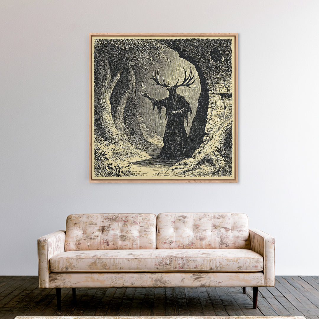 The Antlered Forest Spirit, Symbolist Etching Art, Square Wall Art, Dark Halloween Decor, Framed Canvas Print, Halloween Wall Art