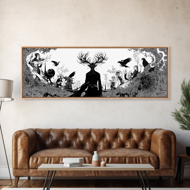 The Antlered Forest Spirit, Decadent Line Art, Extra Wide Wall Art, Dark Fantasy Wall Art, Canvas Print, Halloween Wall Art
