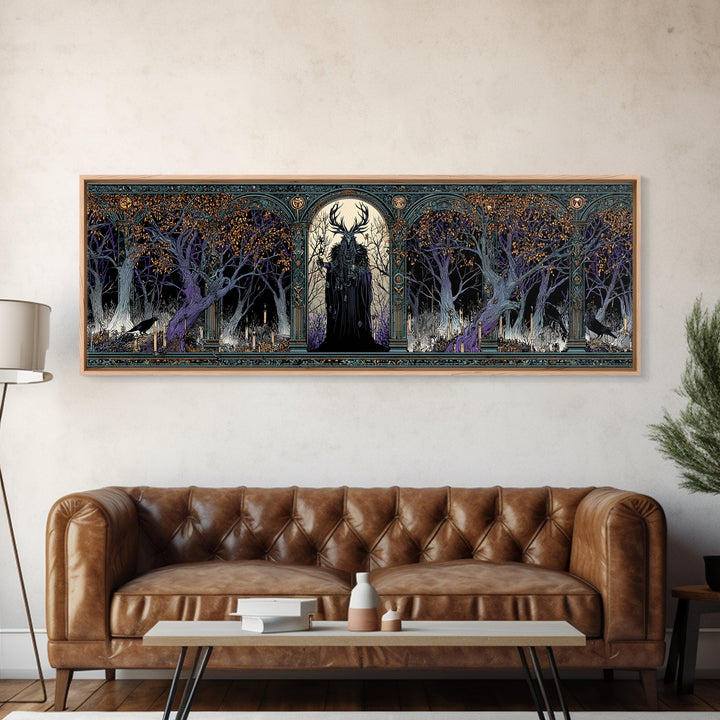 The Antlered Forest Spirit, Stained Glass Gothic Art, Extra Wide Wall Art, Dark Fantasy Wall Art, Framed Canvas Print, Halloween Wall Art