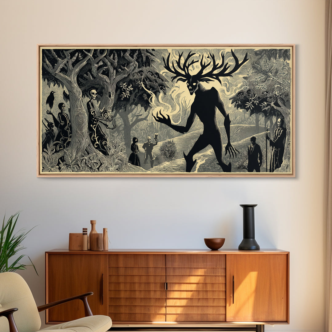 The Antlered Forest Spirit, Macabre Folk Print Art, Wide Panoramic Art, Dark Fantasy Wall Art, Canvas Print, Halloween Wall Art
