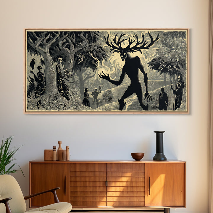 The Antlered Forest Spirit, Macabre Folk Print Art, Wide Panoramic Art, Dark Fantasy Wall Art, Canvas Print, Halloween Wall Art