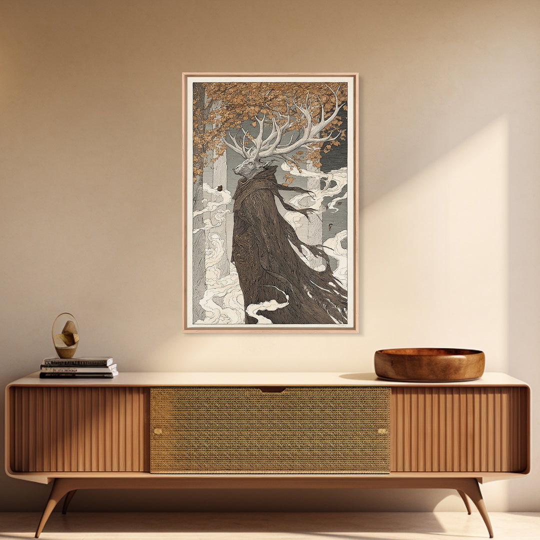 The Antlered Forest Spirit, Victorian Macabre Art, Vertical Wall Art, Gothic Horror Wall Art, Framed Canvas Print, Halloween Wall Art