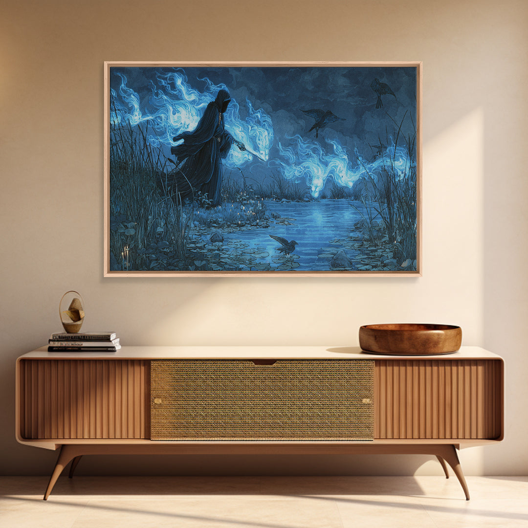 The Will-O'-The-Wisp Shepherd, Visionary Gothic Art, Wide Panoramic Art, Dark Halloween Decor, Canvas Print, Halloween Wall Art