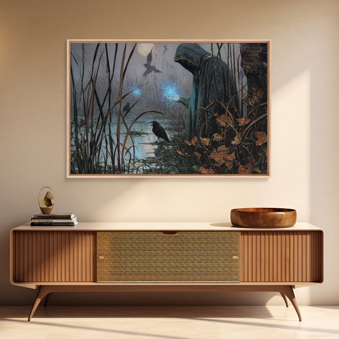 The Will-O'-The-Wisp Shepherd, Ornate Symbolist Art, Landscape Wall Art, Dark Fantasy Wall Art, Canvas Print, Halloween Wall Art