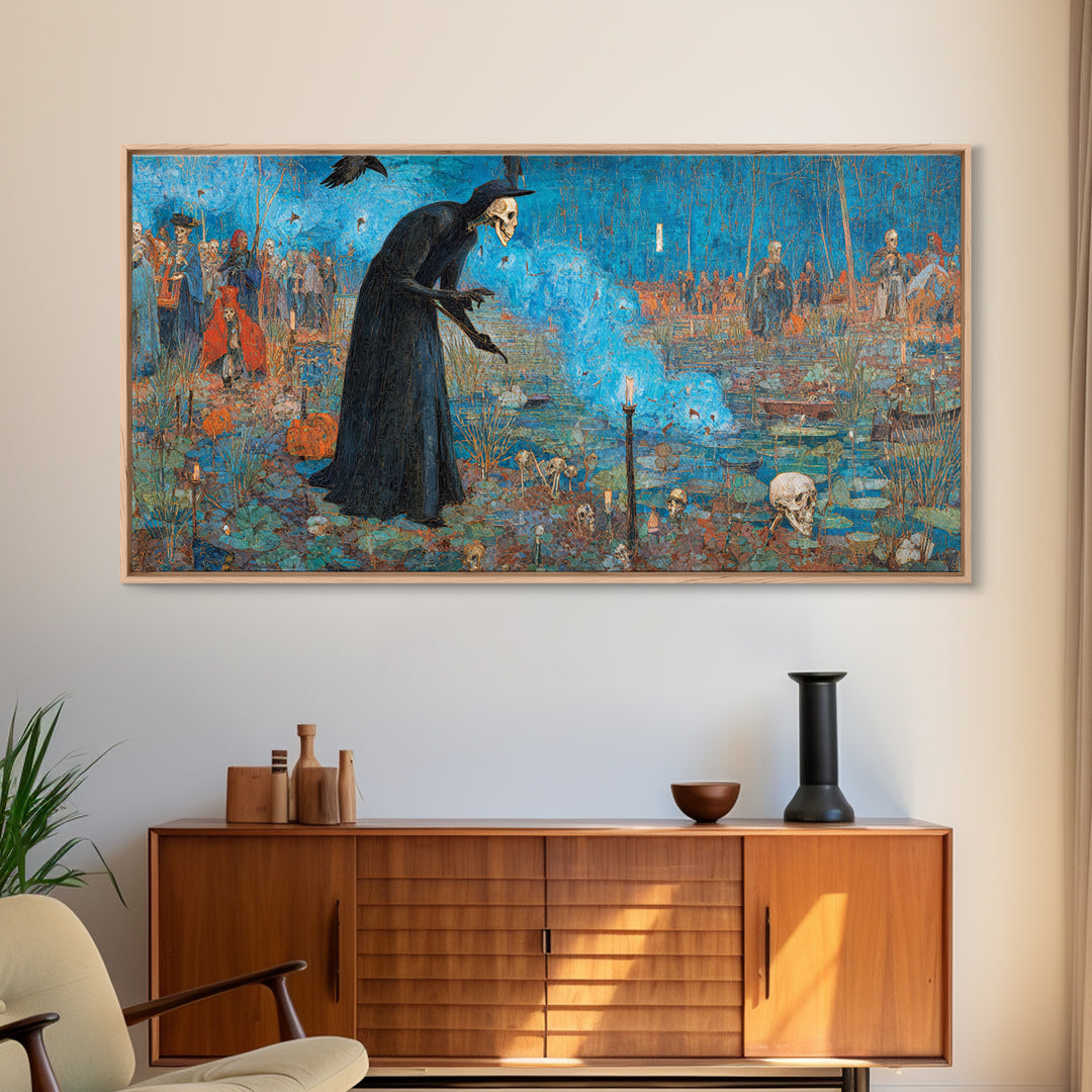 The Will-O'-The-Wisp Shepherd, Grotesque Carnival Art, Wide Panoramic Art, Dark Fantasy Wall Art, Framed Canvas Print, Halloween Wall Art