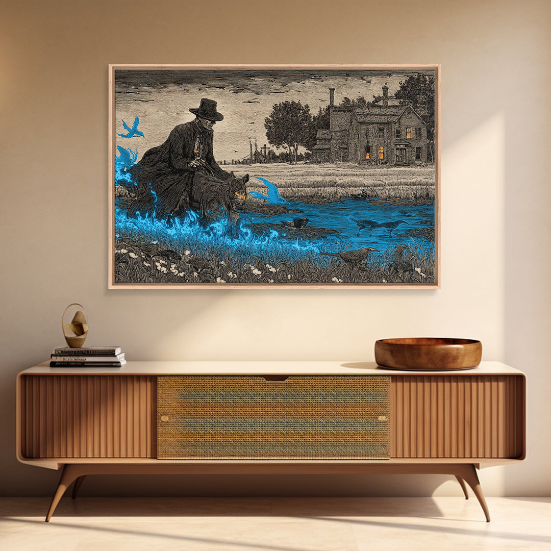 The Will-O'-The-Wisp Shepherd, Victorian Macabre Art, Landscape Wall Art, Dark Fantasy Wall Art, Framed Canvas Print, Halloween Wall Art
