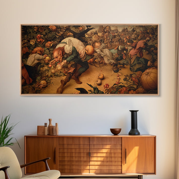 The Pumpkin Patch Goblin, Northern Renaissance Horror, Wide Panoramic Art, Dark Fantasy Wall Art, Framed Canvas Print