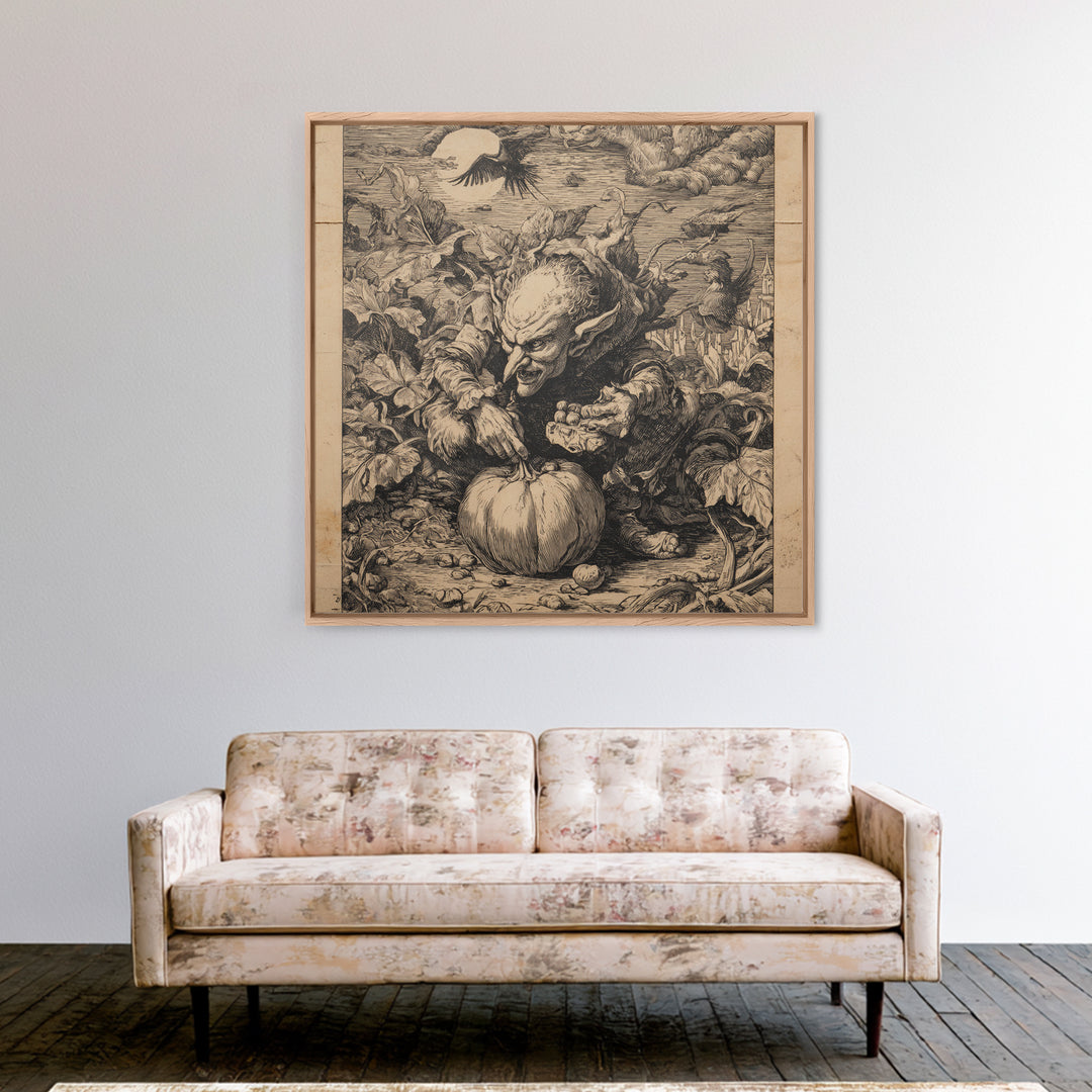 The Pumpkin Patch Goblin, Renaissance Engraving Art, Square Wall Art, Dark Halloween Decor, Framed Canvas Print, Halloween Wall Art