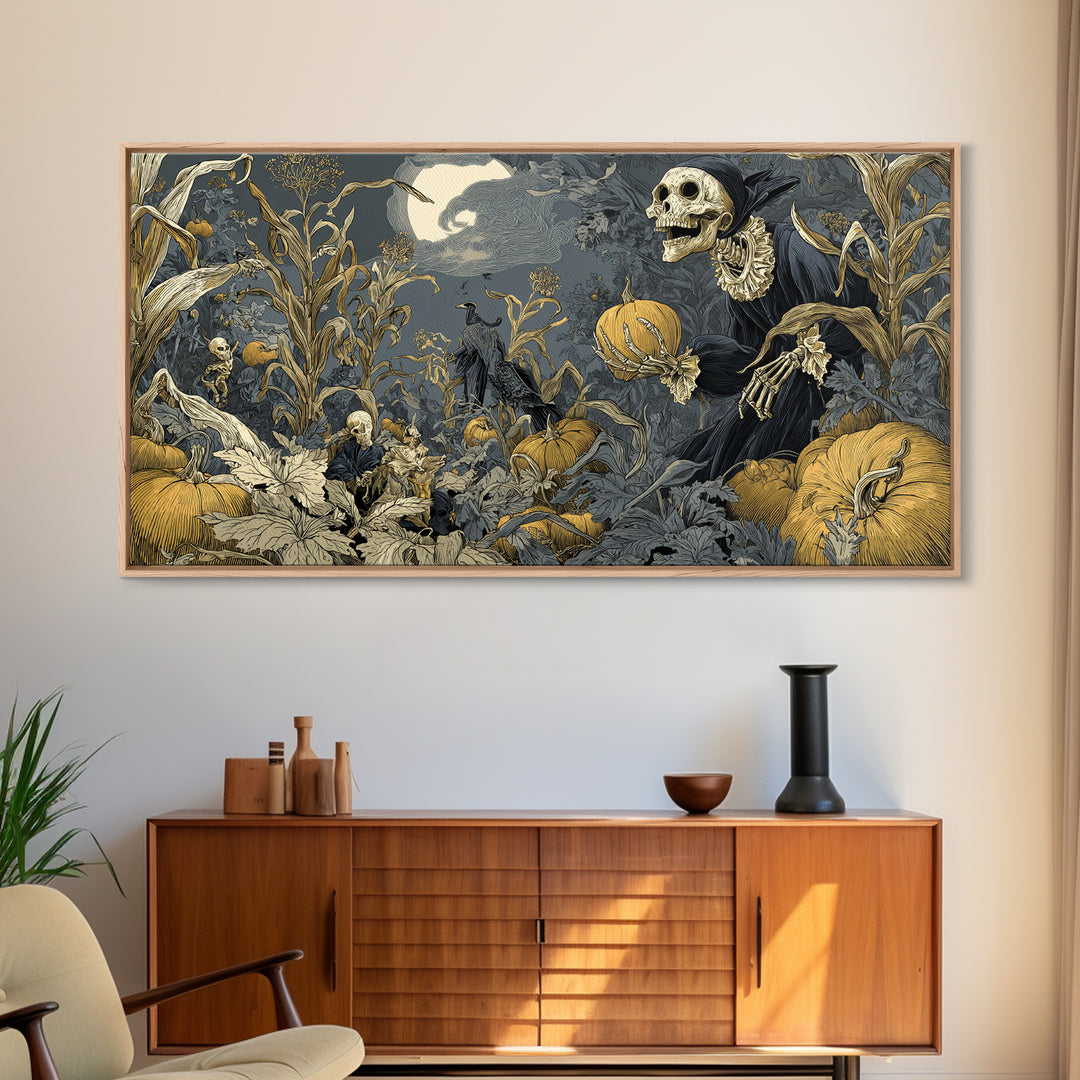 The Pumpkin Patch Goblin, Macabre Folk Print Art, Wide Panoramic Art, Dark Halloween Decor, Framed Canvas Print