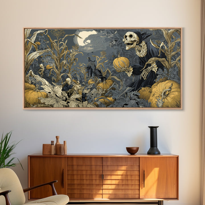 The Pumpkin Patch Goblin, Macabre Folk Print Art, Wide Panoramic Art, Dark Halloween Decor, Framed Canvas Print