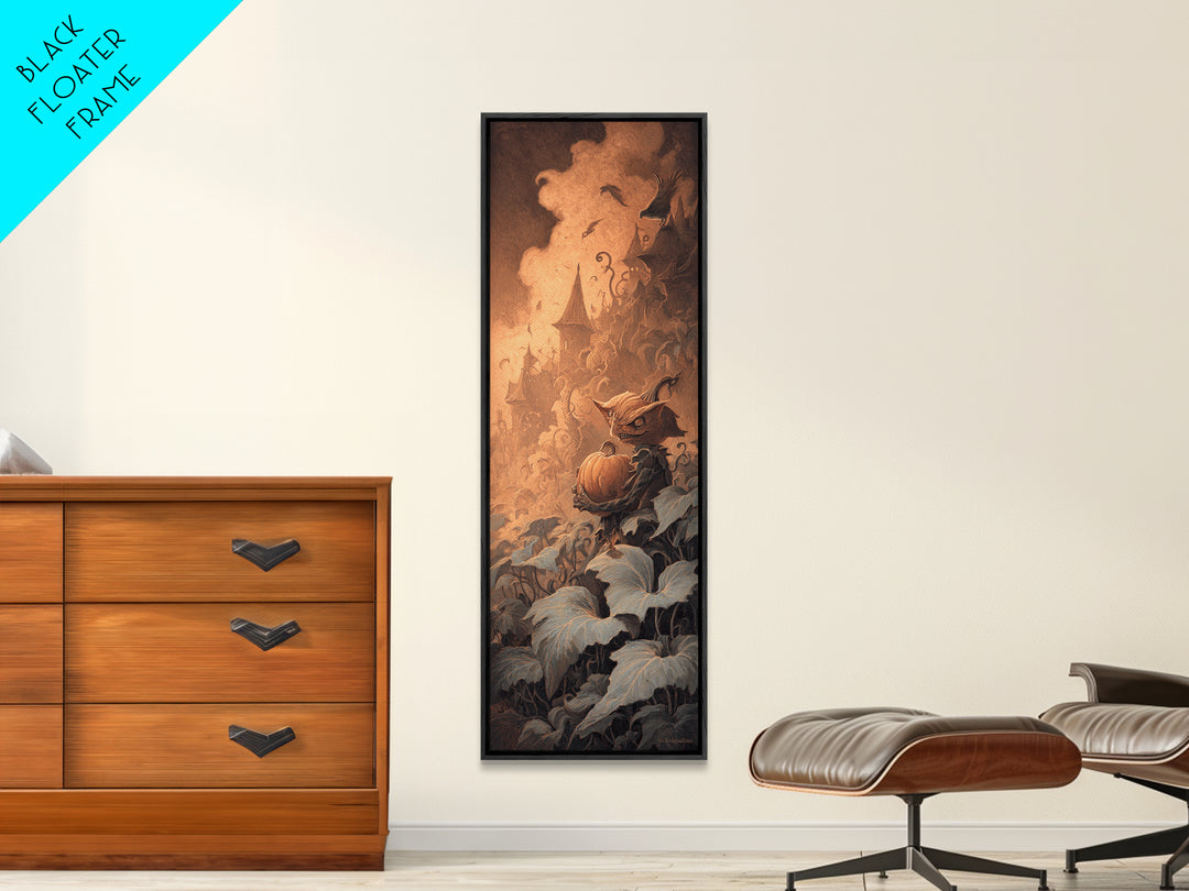 The Pumpkin Patch Goblin, Surreal Apocalyptic Art, Tall Narrow Wall Art, Dark Halloween Decor, Framed Canvas Print
