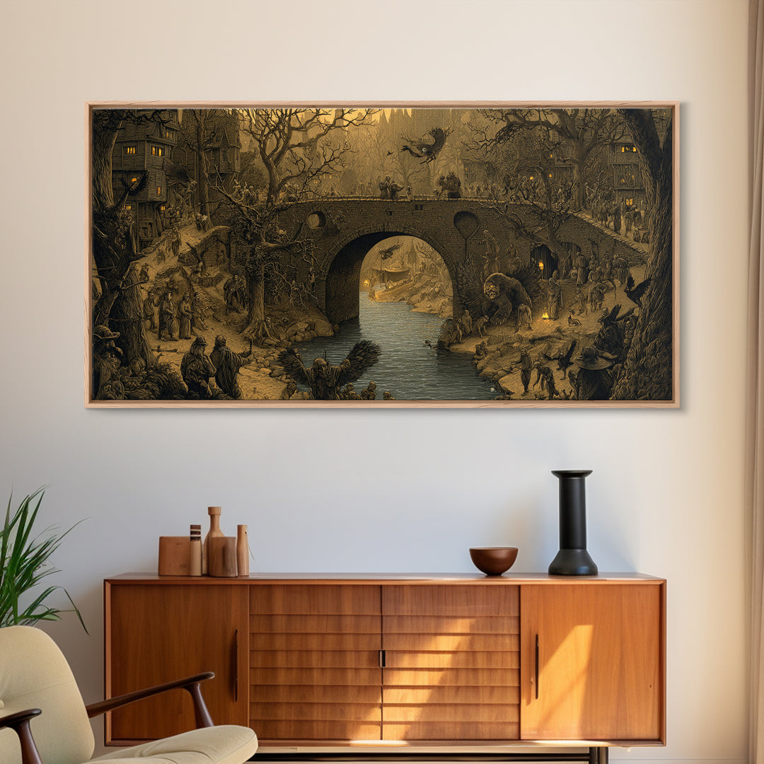 The Bridge Troll At Midnight, Northern Renaissance Horror, Wide Panoramic Art, Gothic Horror Wall Art, Framed Canvas Print