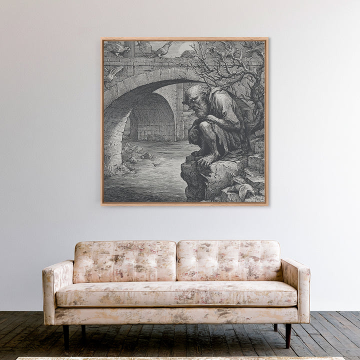 The Bridge Troll At Midnight, Renaissance Engraving Art, Square Wall Art, Gothic Horror Wall Art, Canvas Print, Halloween Wall Art