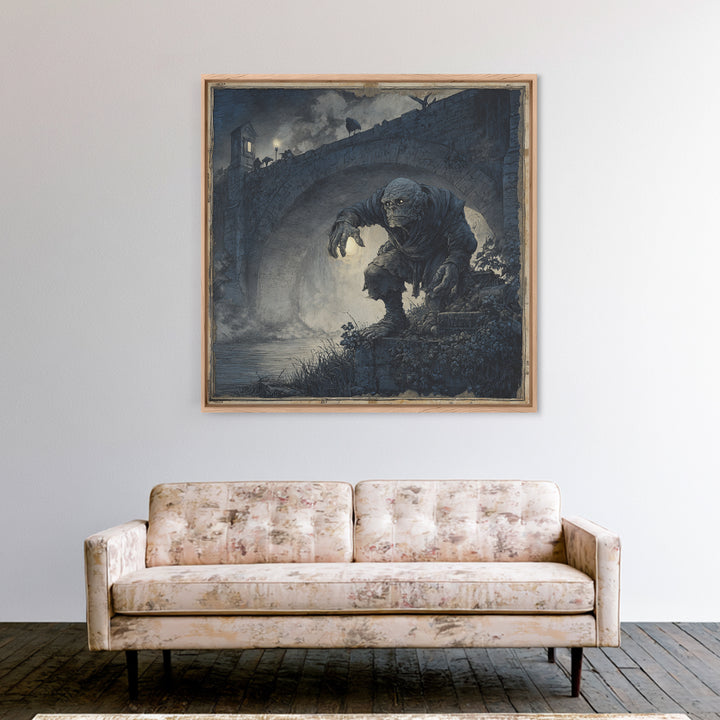 The Bridge Troll At Midnight, Danse Macabre Art, Square Wall Art, Macabre Wall Art, Framed Canvas Print, Halloween Decor