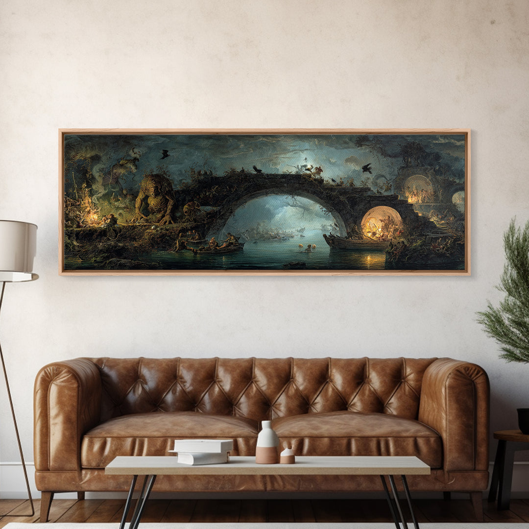 The Bridge Troll At Midnight, Gothic Nightmare Art, Extra Wide Wall Art, Dark Fantasy Wall Art, Canvas Print, Halloween Wall Art