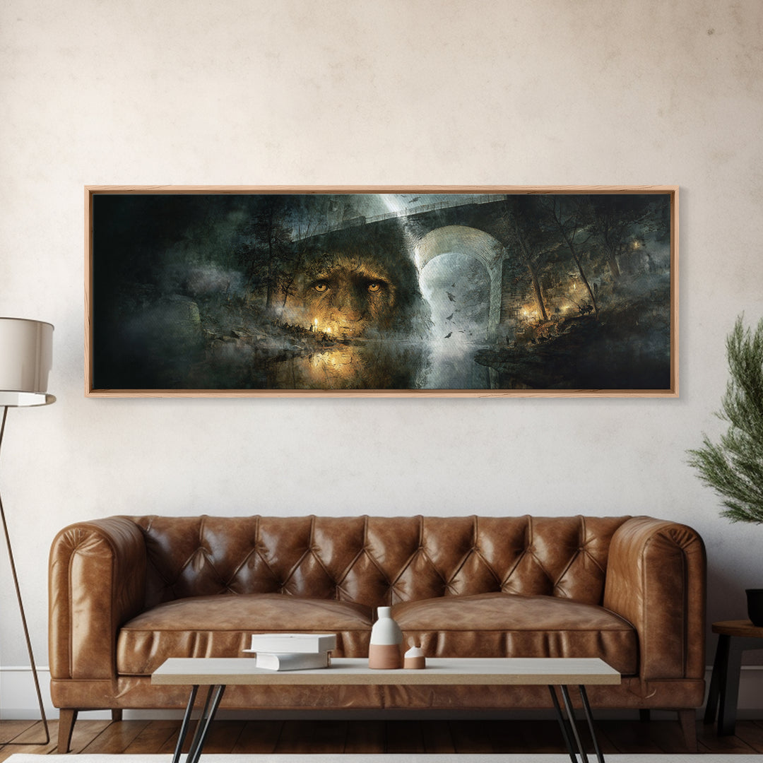 The Bridge Troll At Midnight, Visionary Gothic Art, Extra Wide Wall Art, Dark Halloween Decor, Framed Canvas Print, Halloween Wall Art