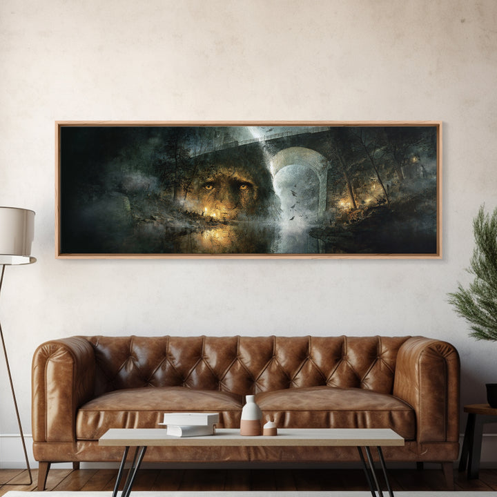 The Bridge Troll At Midnight, Visionary Gothic Art, Extra Wide Wall Art, Dark Halloween Decor, Framed Canvas Print, Halloween Wall Art