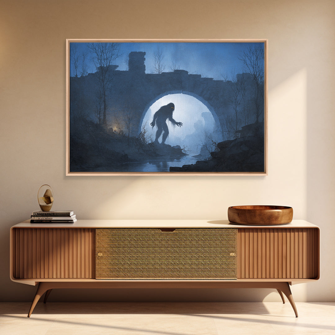The Bridge Troll At Midnight, Romantic Gothic Landscape, Landscape Wall Art, Macabre Wall Art, Canvas Print, Halloween Wall Art