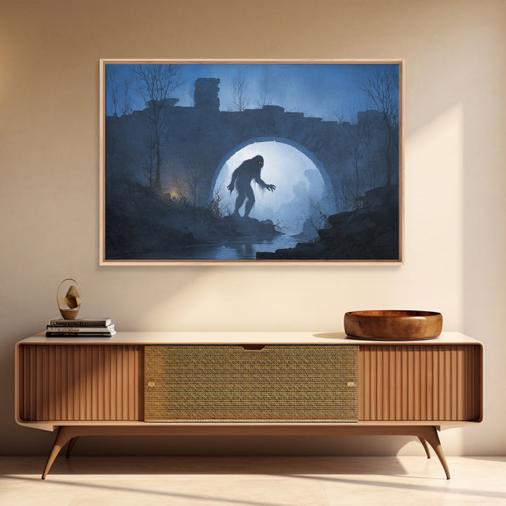 The Bridge Troll At Midnight, Romantic Gothic Landscape, Landscape Wall Art, Macabre Wall Art, Canvas Print, Halloween Wall Art