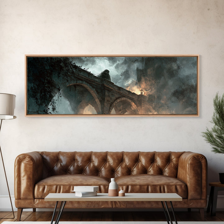 The Bridge Troll At Midnight, Apocalyptic Romantic Art, Extra Wide Wall Art, Dark Halloween Decor, Canvas Print, Halloween Wall Art