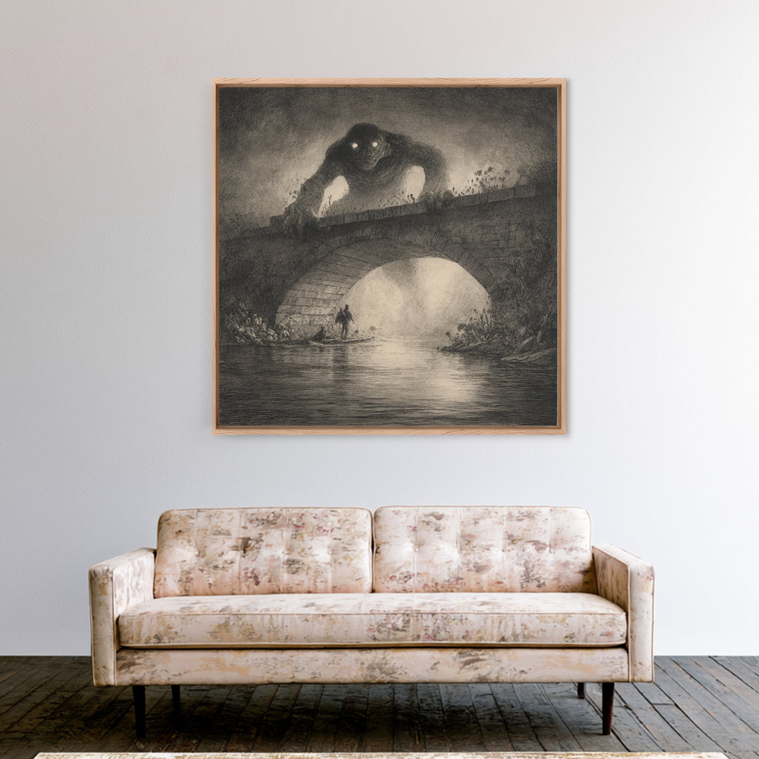 The Bridge Troll At Midnight, Symbolist Dream Art, Square Wall Art, Gothic Horror Wall Art, Framed Canvas Print, Halloween Wall Art