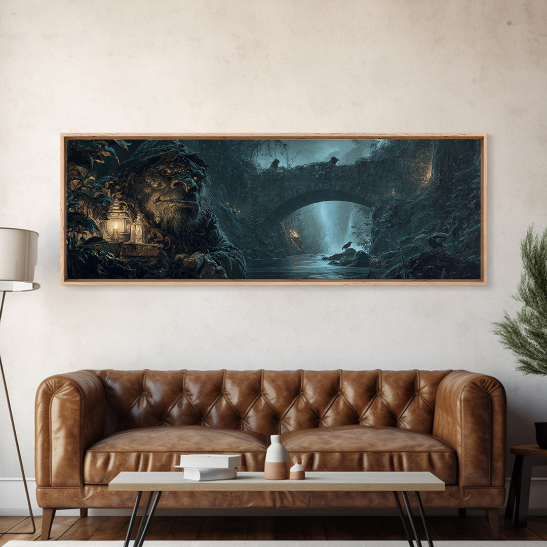 The Bridge Troll At Midnight, Ornate Symbolist Art, Extra Wide Wall Art, Dark Halloween Decor, Framed Canvas Print