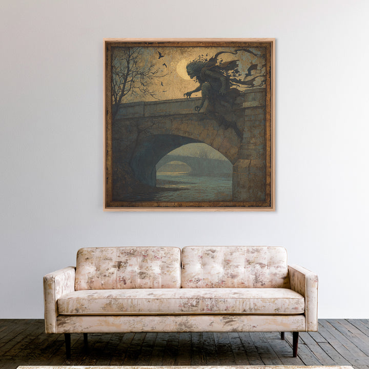 The Bridge Troll At Midnight, Dark Symbolist Art, Square Wall Art, Dark Fantasy Wall Art, Framed Canvas Print, Halloween Wall Art