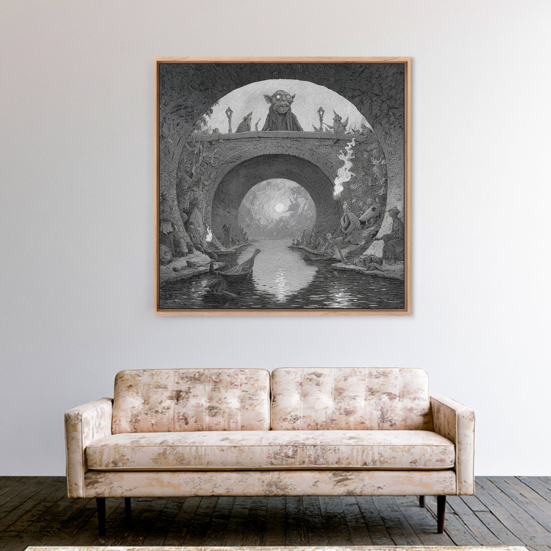 The Bridge Troll At Midnight, Expressionist Nightmare Art, Square Wall Art, Macabre Wall Art, Framed Canvas Print, Halloween Wall Art