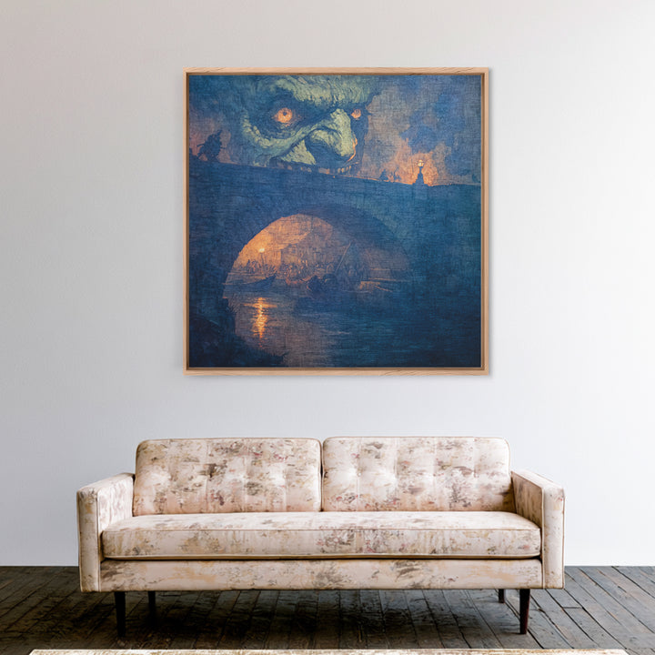 The Bridge Troll At Midnight, Grotesque Carnival Art, Square Wall Art, Dark Halloween Decor, Framed Canvas Print, Halloween Wall Art