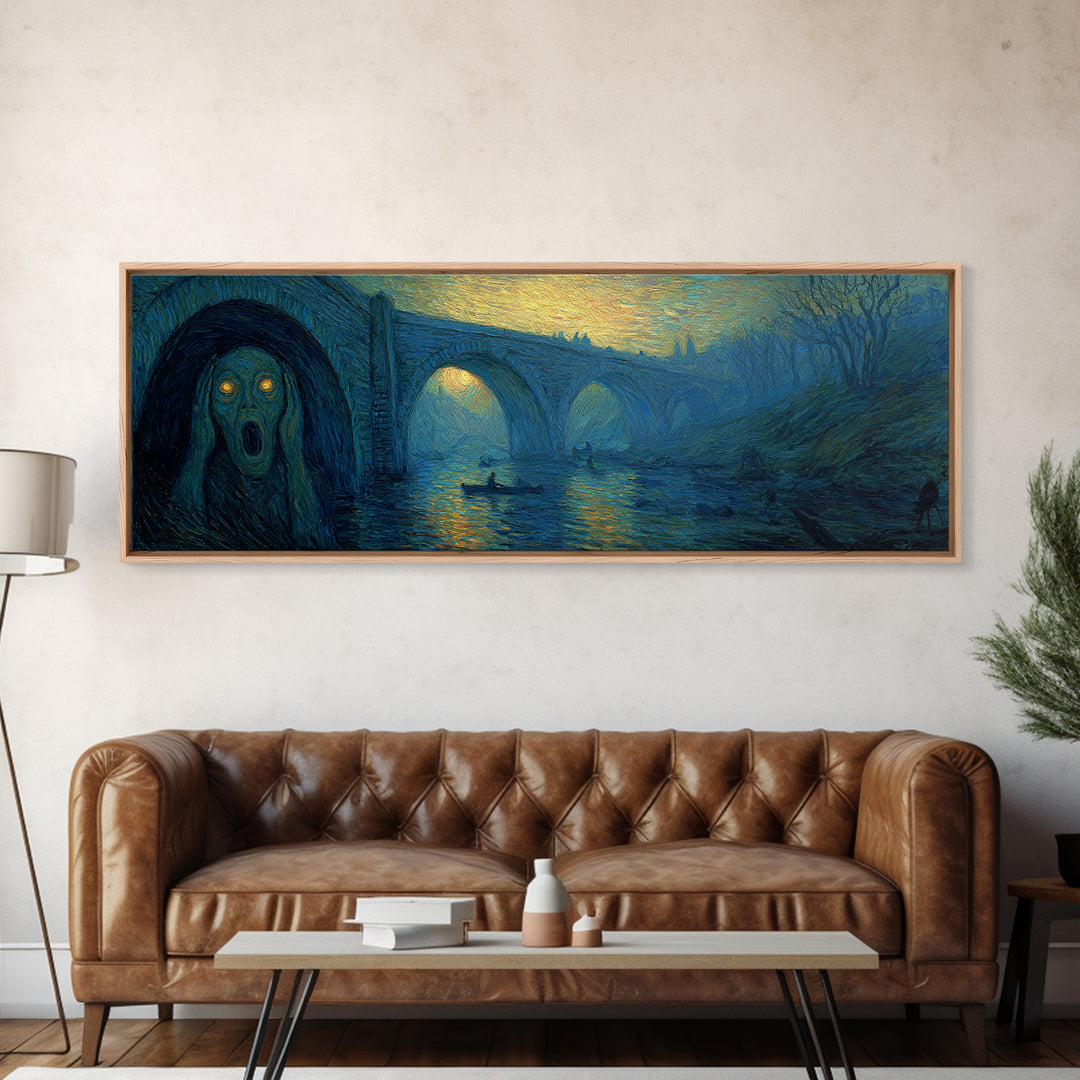 The Bridge Troll At Midnight, Expressionist Gothic Art, Extra Wide Wall Art, Gothic Horror Wall Art, Framed Canvas Print, Spooky Wall Decor