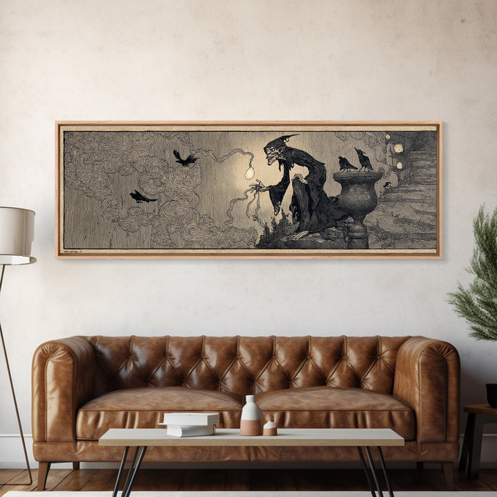 The Bridge Troll At Midnight, Decadent Line Art, Extra Wide Wall Art, Dark Fantasy Wall Art, Canvas Print, Halloween Wall Art