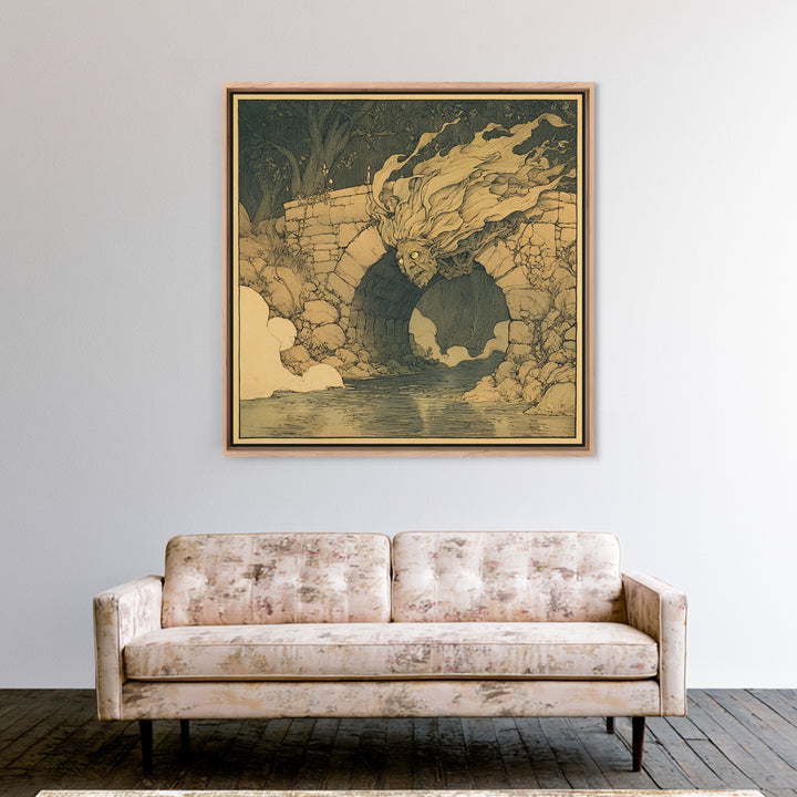 The Bridge Troll At Midnight, Gothic Storybook Art, Square Wall Art, Macabre Wall Art, Framed Canvas Print, Halloween Wall Art