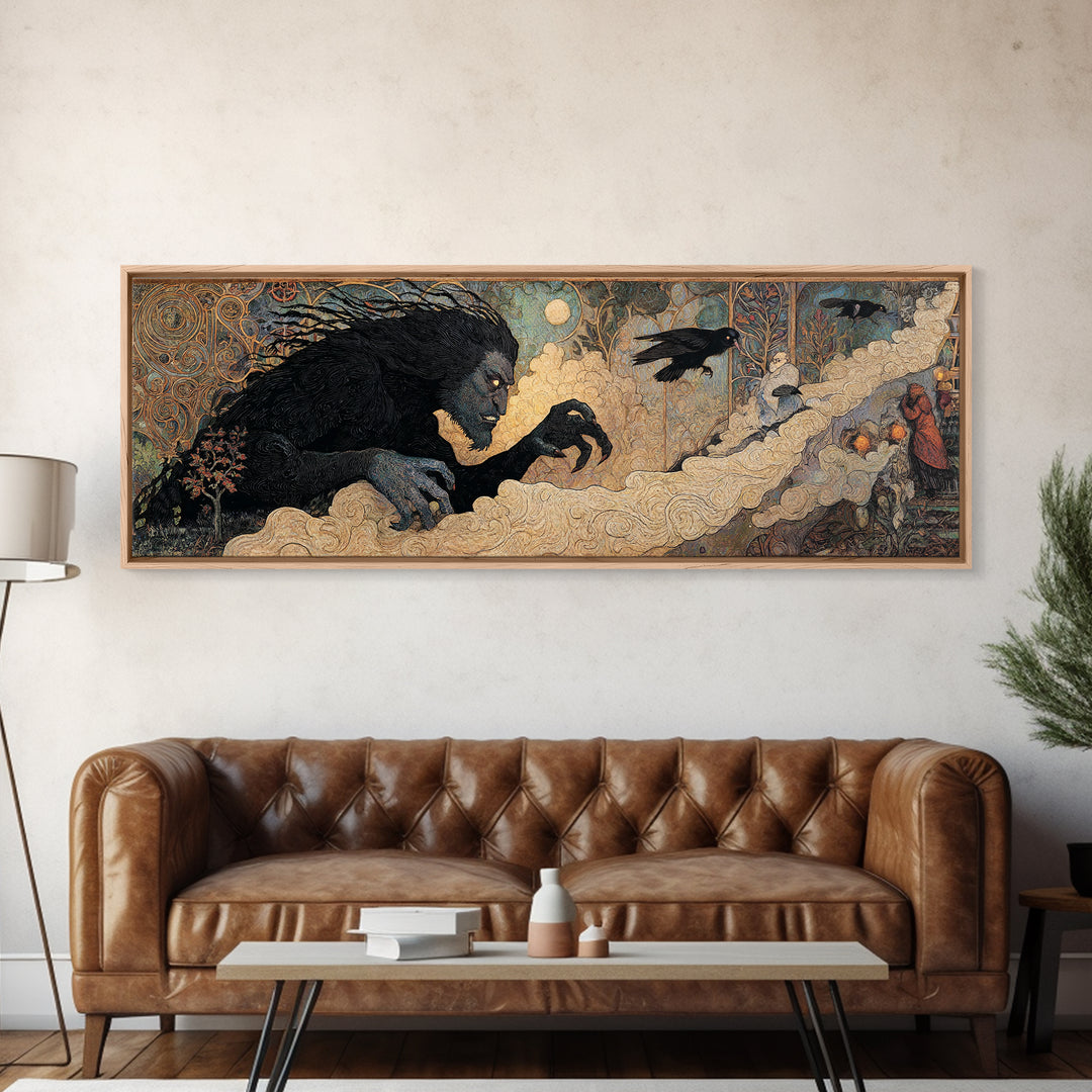 The Bridge Troll At Midnight, Stained Glass Gothic Art, Extra Wide Wall Art, Macabre Wall Art, Canvas Print, Halloween Wall Art