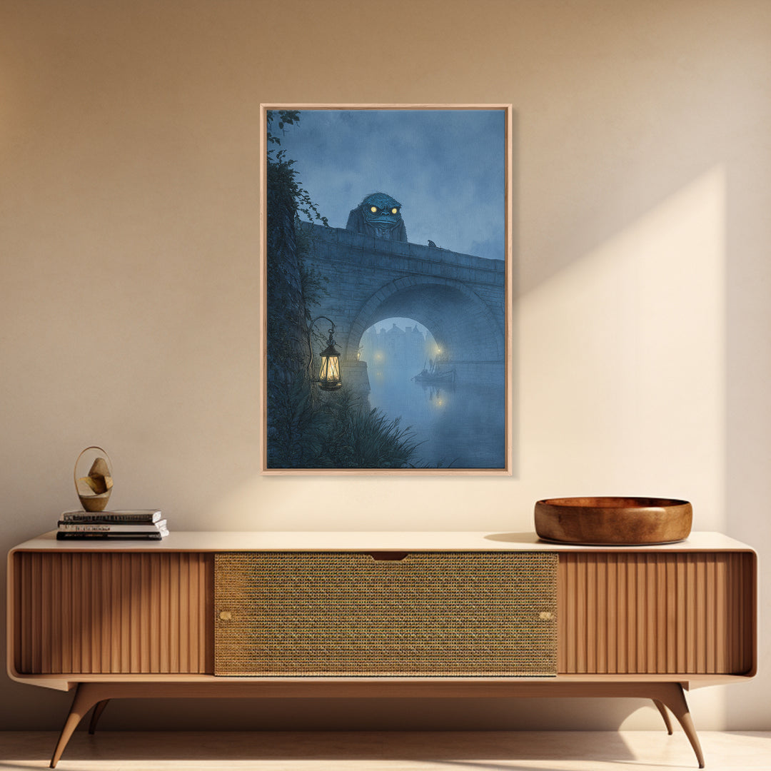 The Bridge Troll At Midnight, Victorian Macabre Art, Vertical Wall Art, Dark Fantasy Wall Art, Framed Canvas Print, Halloween Wall Art