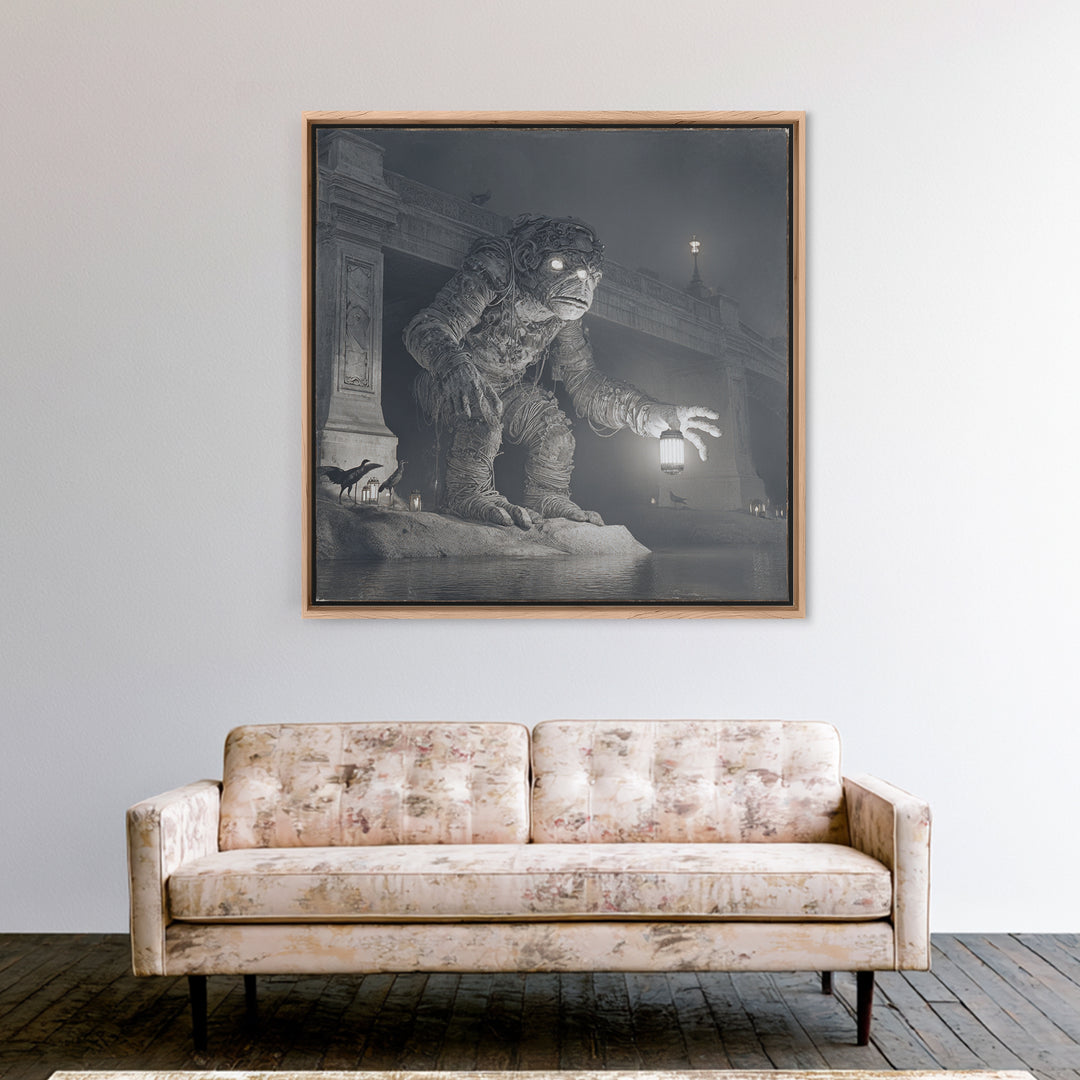 The Bridge Troll At Midnight, Biomechanical Horror Art, Square Wall Art, Dark Halloween Decor, Canvas Print, Halloween Wall Art