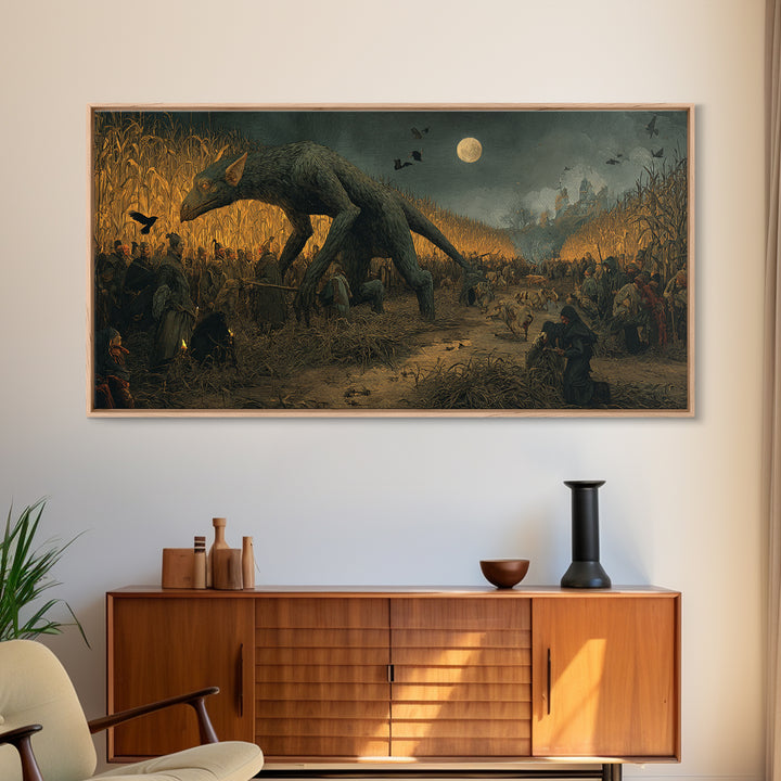 The Cornfield Crawler, Northern Renaissance Horror, Wide Panoramic Art, Macabre Wall Art, Canvas Print, Halloween Wall Art