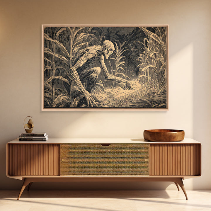 The Cornfield Crawler, Architectural Etching Art, Landscape Wall Art, Dark Fantasy Wall Art, Framed Canvas Print