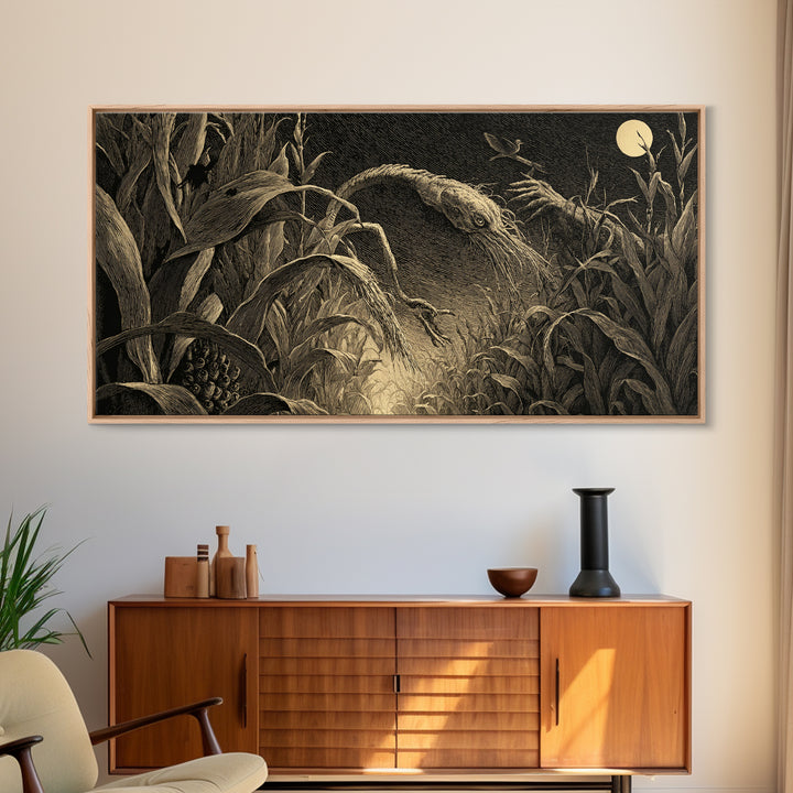 The Cornfield Crawler, Expressionist Nightmare Art, Wide Panoramic Art, Dark Fantasy Wall Art, Canvas Print, Halloween Wall Art