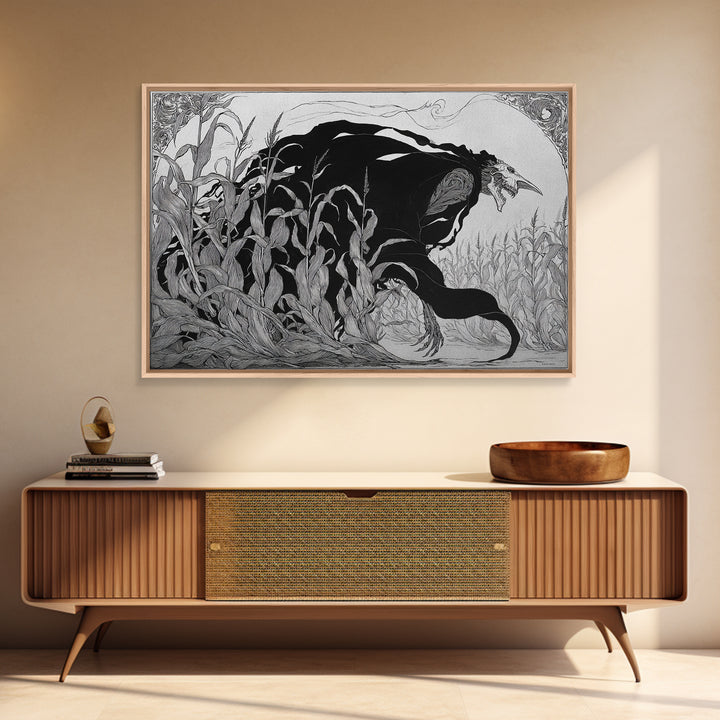 The Cornfield Crawler, Decadent Line Art, Landscape Wall Art, Dark Halloween Decor, Canvas Print, Halloween Wall Art