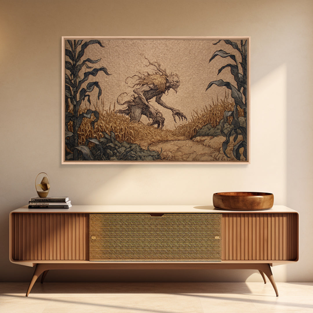 The Cornfield Crawler, Gothic Storybook Art, Landscape Wall Art, Dark Halloween Decor, Canvas Print, Halloween Wall Art