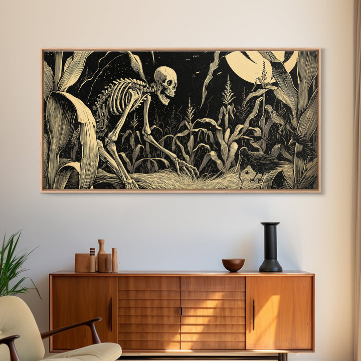 The Cornfield Crawler, Macabre Folk Print Art, Wide Panoramic Art, Dark Fantasy Wall Art, Framed Canvas Print, Gothic Home Decor