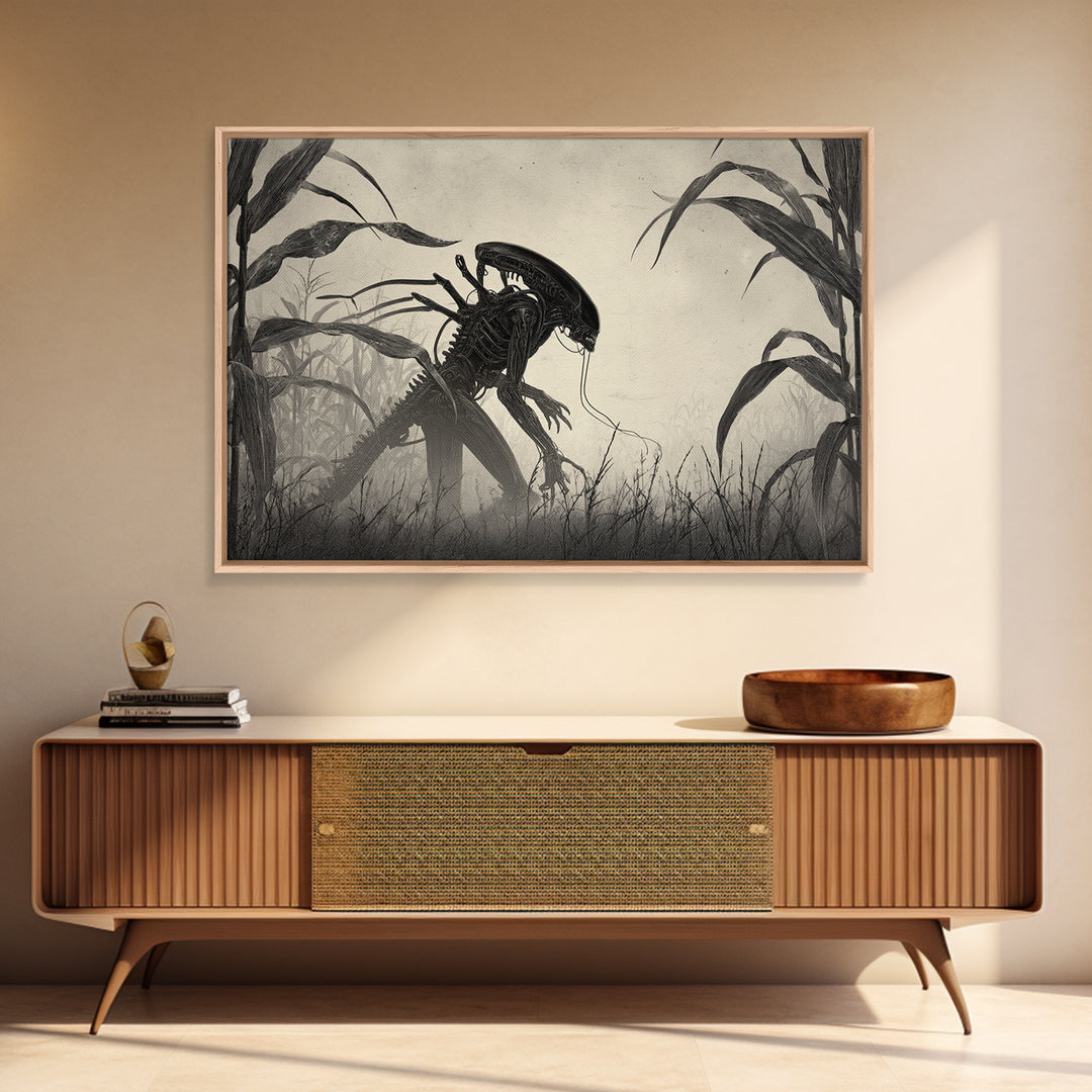 The Cornfield Crawler, Biomechanical Horror Art, Landscape Wall Art, Macabre Wall Art, Canvas Print, Halloween Wall Art, Spooky Wall Decor