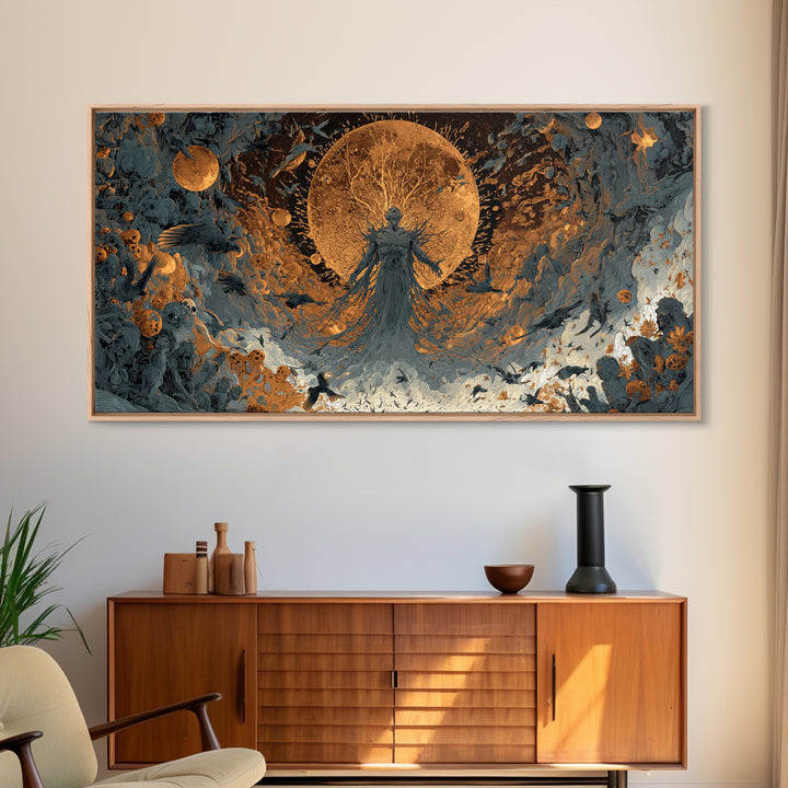 The Harvest Demon, Apocalyptic Romantic Art, Wide Panoramic Art, Macabre Wall Art, Framed Canvas Print, Halloween Wall Art