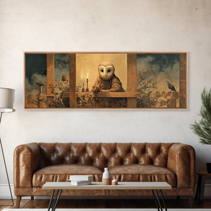 The Owl-Faced Omen, Medieval Grotesque Art, Extra Wide Wall Art, Dark Halloween Decor, Canvas Print, Halloween Wall Art