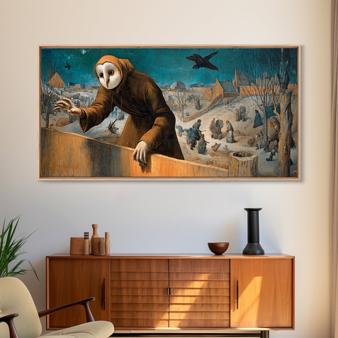The Owl-Faced Omen, Northern Renaissance Horror, Wide Panoramic Art, Dark Halloween Decor, Canvas Print, Halloween Wall Art