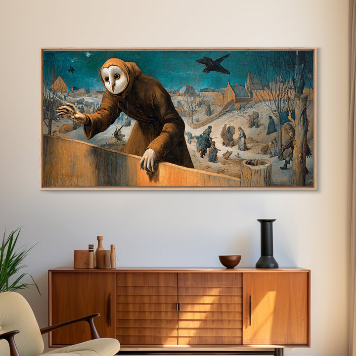 The Owl-Faced Omen, Northern Renaissance Horror, Wide Panoramic Art, Dark Halloween Decor, Canvas Print, Halloween Wall Art