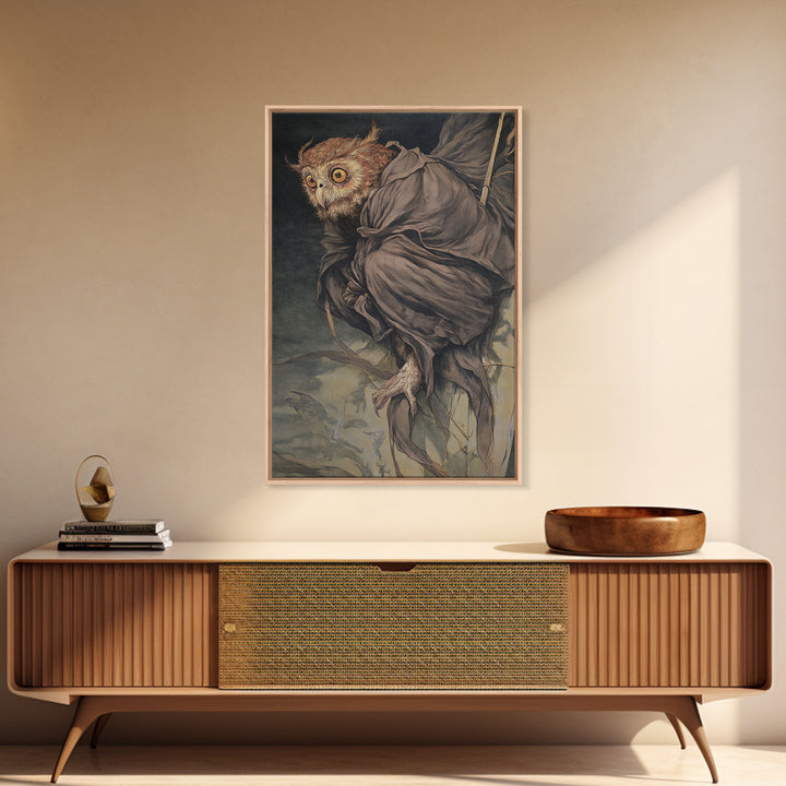 The Owl-Faced Omen, Dark Renaissance Art, Vertical Wall Art, Dark Halloween Decor, Framed Canvas Print, Halloween Wall Art