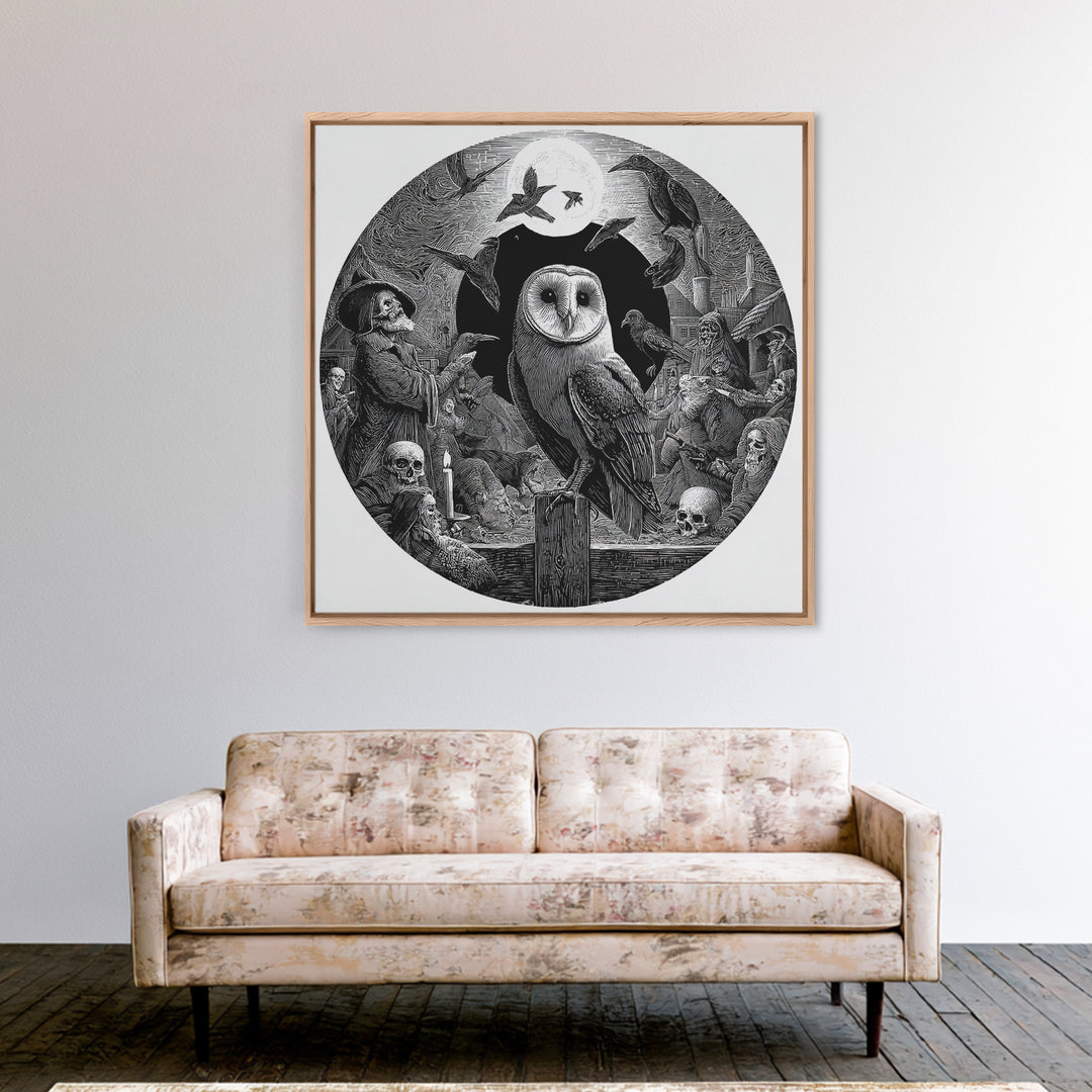 The Owl-Faced Omen, Danse Macabre Art, Square Wall Art, Macabre Wall Art, Framed Canvas Print, Halloween Wall Art