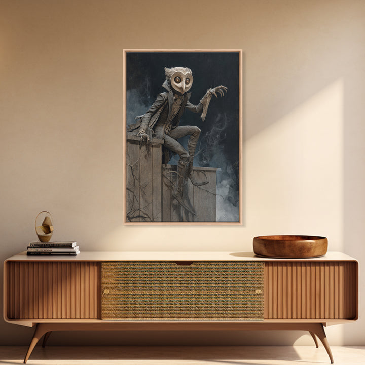 The Owl-Faced Omen, Gothic Nightmare Art, Vertical Wall Art, Dark Halloween Decor, Framed Canvas Print, Halloween Wall Art