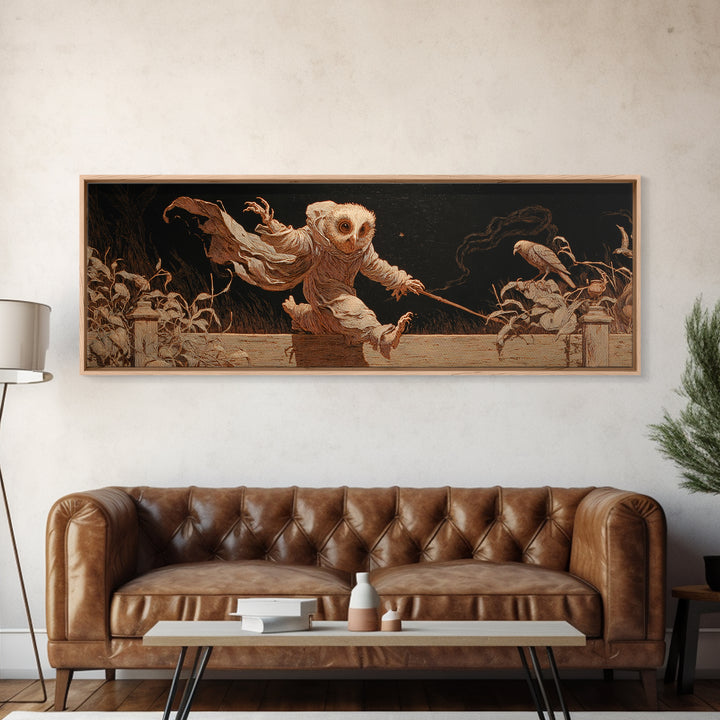 The Owl-Faced Omen, Visionary Gothic Art, Extra Wide Wall Art, Macabre Wall Art, Canvas Print, Halloween Wall Art, Gothic Home Decor